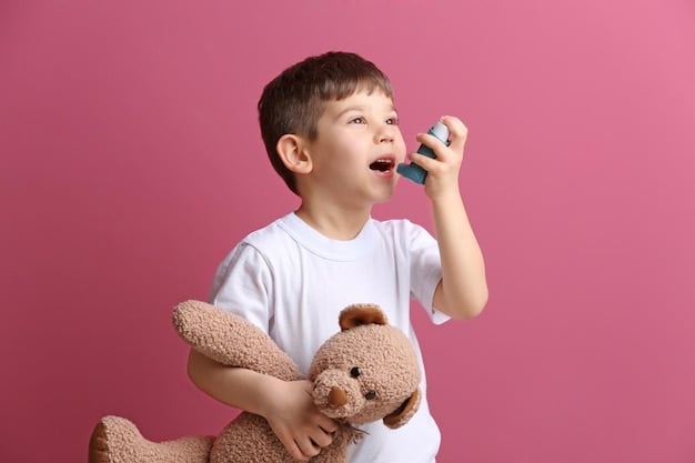Young Boy Using Inhaler With Teddy Bear image in article Allergy Alert! Asthma Action! What Every Childcare Hero Should Know